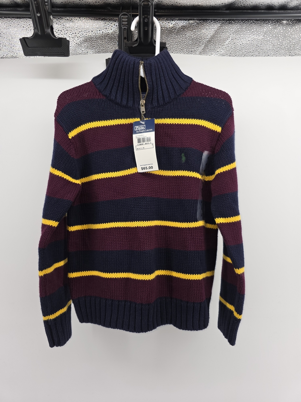Polo Ralph Lauren Boys Quarter Zip Sweater Navy Burgundy Yellow Striped Size 4